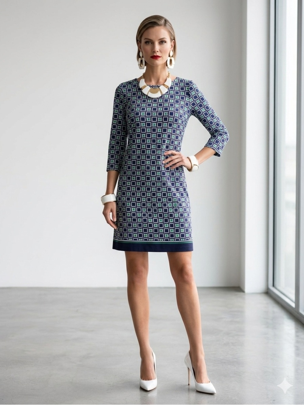 Talbots Petites Geometric Print Mini Shift Dress Blue Green Retro Mod Size 4P